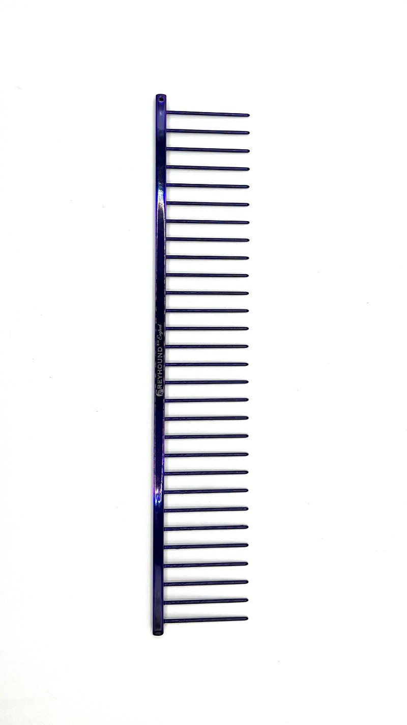 Greyhound Professional Pet Comb' Bitch Collection features a 9.875"L x 1.75"W Extra Extra Coarse tine which gives superior styling control for medium and long coat types. These versatile combs have been a staple of the pet grooming industry for over 100 years, and are available in the Candy Color Collection, Purple Candy.