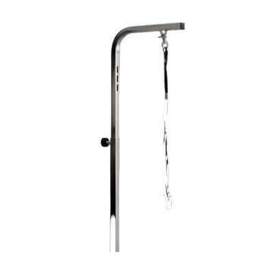 This durable stainless-steel adjustable grooming table arm helps secure animals while grooming and withstands up to 250 pounds of force. The aluminum clamp works with most grooming tables. A nylon safety loop is included. For maximum adjustability without needing to adjust the pole, our water proof tether extenders are available.&nbsp;