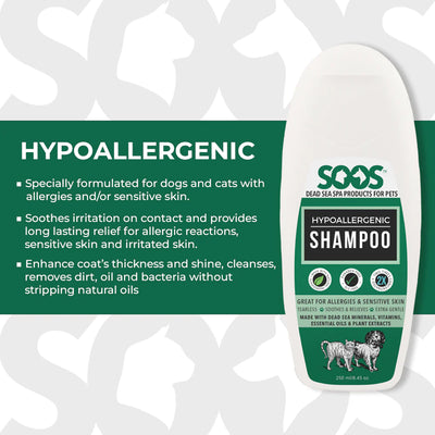 Soos™ Natural Hypoallergenic Pet Shampoo is formulated for pets with allergies, sensitive skin or chronic skin conditions. This no-tear formula is fast-acting, providing quick relief while not causing irritation to eyes or other sensitive areas.