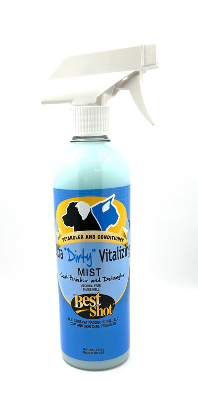 Ultra "Dirty Vitalizing Mist coat finisher and detangler is a leave-in conditioner, PH balanced, water-soluble to prevent build-up. This final coat preparation step is used to help de-matt, de-tangle and de-shed. The anti-static finish hydrates the coat while speeding up drying time. The Silk proteins strengthen and create a superior shine. This spray is the final that helps fully close and smooth the cuticle scales.