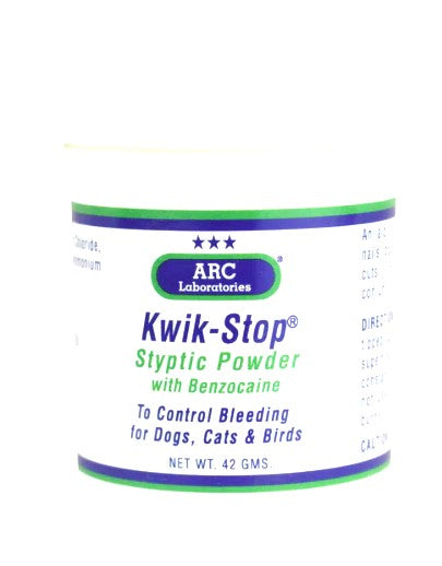 For over 40 years, ARC Kwik Stop Styptic Powder for dogs and cats has been the industry standard for veterinarians. Kwik Stop halts bleeding from minor wounds and bleeding caused by clipping nails at the cuticle area, called the "quick." Benzocaine is added to numb pain and Ferric Subsulfate to top bleeding.