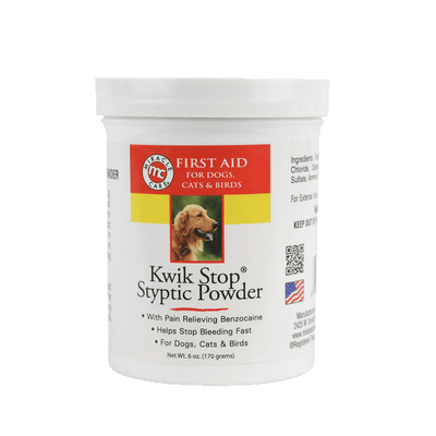 For over 40 years, ARC Kwik Stop Styptic Powder for dogs and cats has been the industry standard for veterinarians. Kwik Stop halts bleeding from minor wounds and bleeding caused by clipping nails at the cuticle area, called the "quick." Benzocaine is added to numb pain and Ferric Subsulfate to top bleeding.