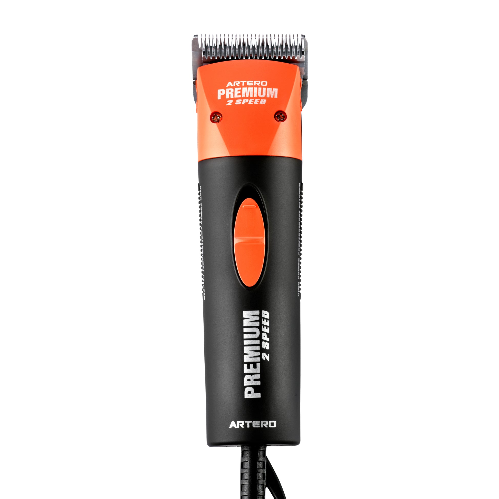 The Artero A5 Premium Professional Pet Grooming Clipper 2 Speed provides reliable, flawless performance. Its two speeds can be switched seamlessly and it's compatible with Andis, Oster, Wahl, Artero, and Geib Blades. This Professional Pet Clipper creates very low noise and vibration and is extremely light weight. Color Orange.