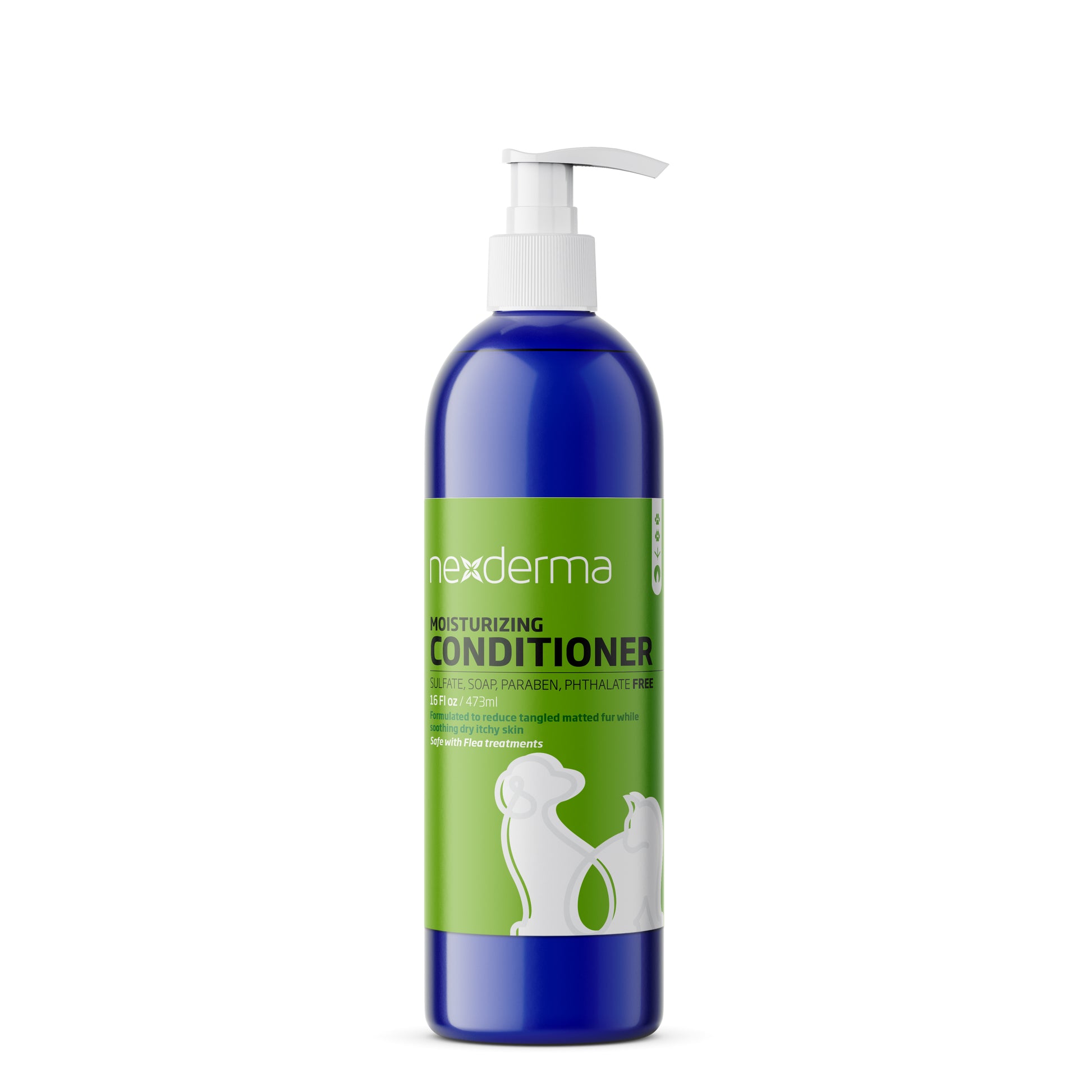 Nexderma's Moisturizing Conditioner is a professionally-formulated, pH balanced product designed for use on both dogs and cats. It effectively hydrates and relieves dry, itchy skin, and helps to detangle fur and eliminate matting, leaving your pet's coat soft and glossy.  16 oz .