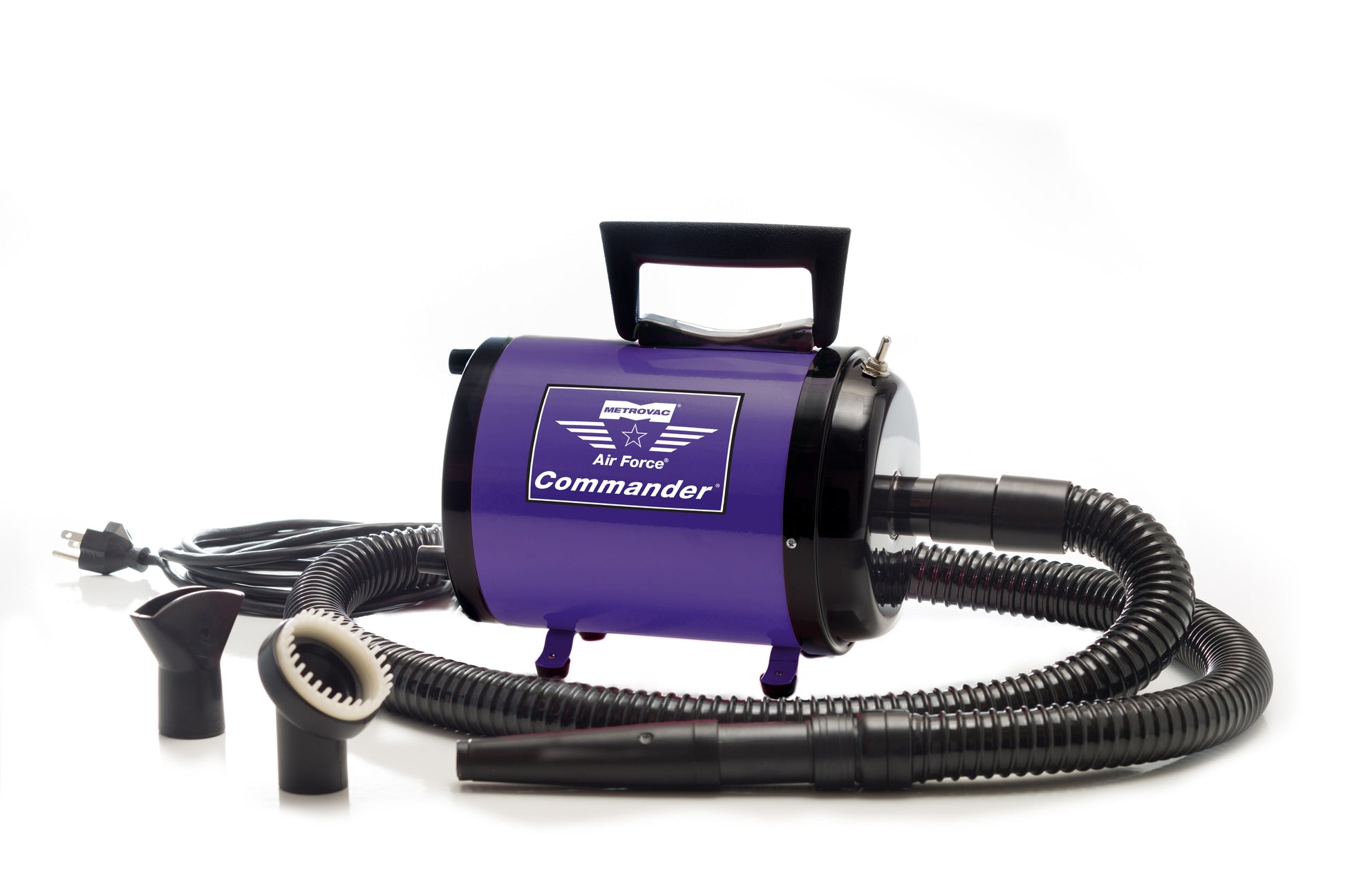 The Air Force® Commander® 2-Speed Professional Pet Dryer by Metrovac is designed to push water of cats and dog. This pet dryer is compact with two speeds, allowing for different coat conditions and different sizes of breeds. It helps detangle mats, shed coat, and makes it possible to examine the skin more closely. Purple