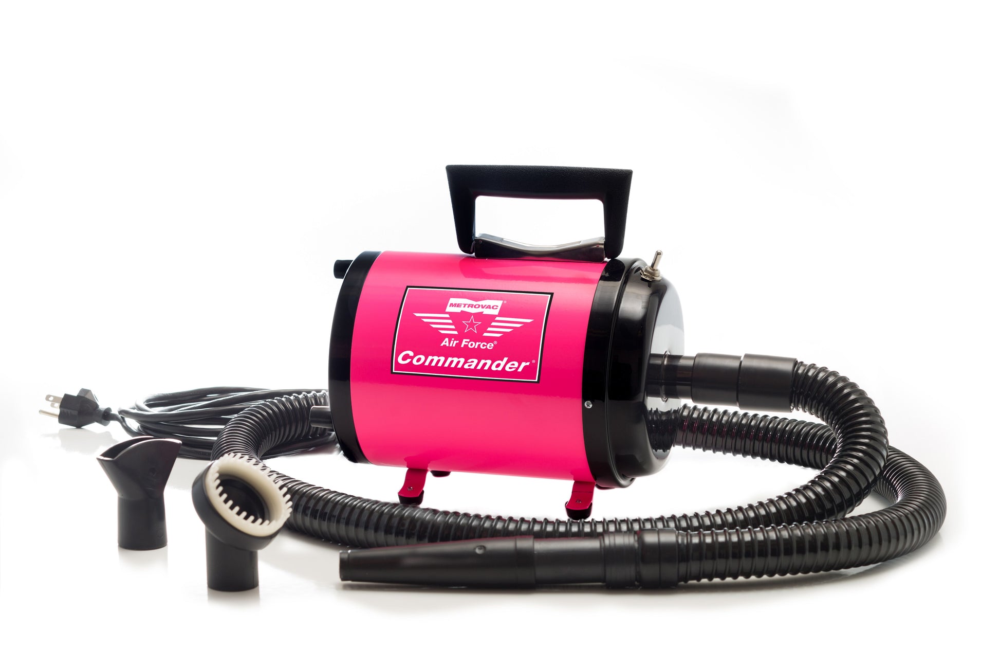 The Air Force® Commander® 2-Speed Professional Pet Dryer by Metrovac is designed to push water of cats and dog. This pet dryer is compact with two speeds, allowing for different coat conditions and different sizes of breeds. It helps detangle mats, shed coat, and makes it possible to examine the skin more closely. Pink