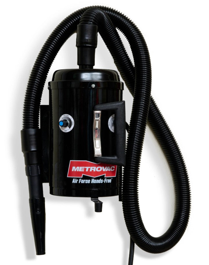 The Metrovac Air Force® Commander® Handsfree™ Professional Pet Dryer combines the flexibility of a stand dryer with the speed of a velocity dryer, making hands-free grooming easier. Includes Stay-put Hose, variable settings, different heating options, and multiple attachments  working on all breeds and coat types. 