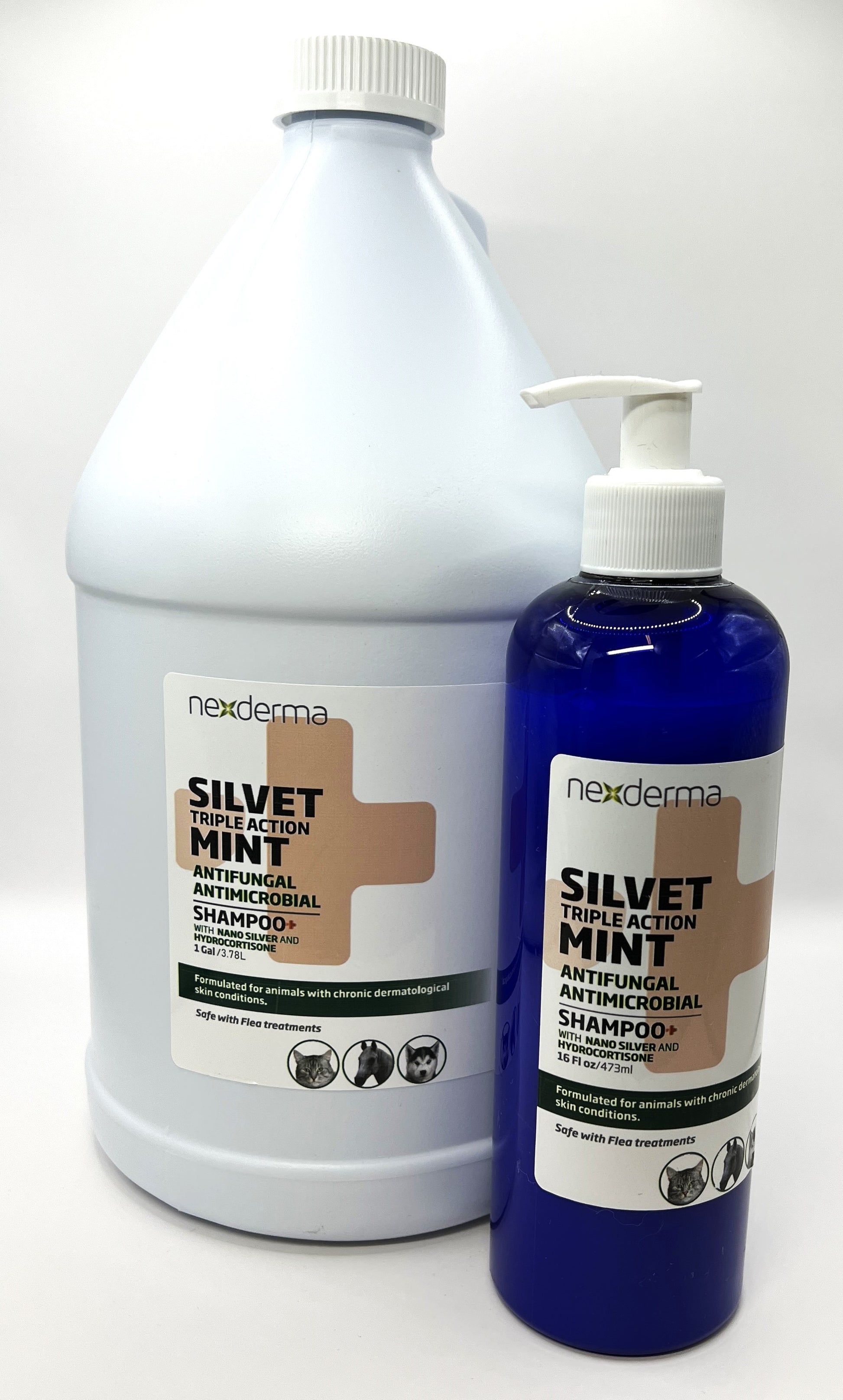 Nexderma's Silvet Triple Action Antifungal-Antimicrobial Pet Shampoo contains Colloidal Silver, suspended in our Stem-Gel based proprietary formula with hydrocortisone. This Anti-itch formula relieves pain, itching, swelling and stinging, while clinically proven to speed up healing of common skin conditions.  Mint.