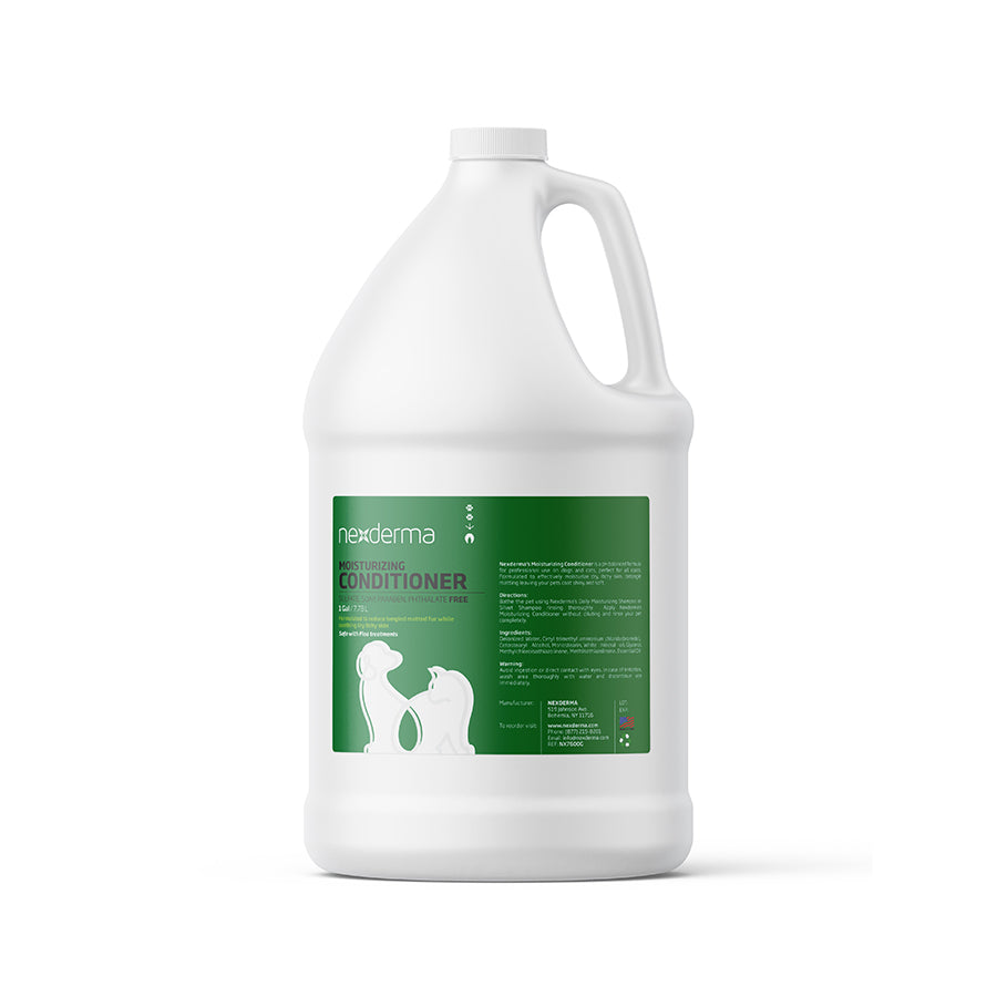 Nexderma's Moisturizing Conditioner is a professionally-formulated, pH balanced product designed for use on both dogs and cats. It effectively hydrates and relieves dry, itchy skin, and helps to detangle fur and eliminate matting, leaving your pet's coat soft and glossy.  1 Gallon.