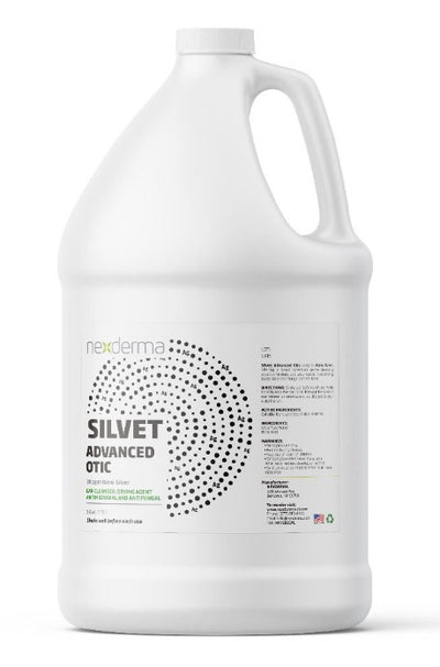 Silvet Advanced Otic Pet Ear Cleaner for Professional Pet Groomers is an antibacterial/antifungal neutral deep cleansing formulation utilizing Colloidal Silver and Boric Acid. This odorless, astringent, general broad-spectrum cleanser dries the ear by pulling moisture out without the use of harsh chemicals.  1 Gallon