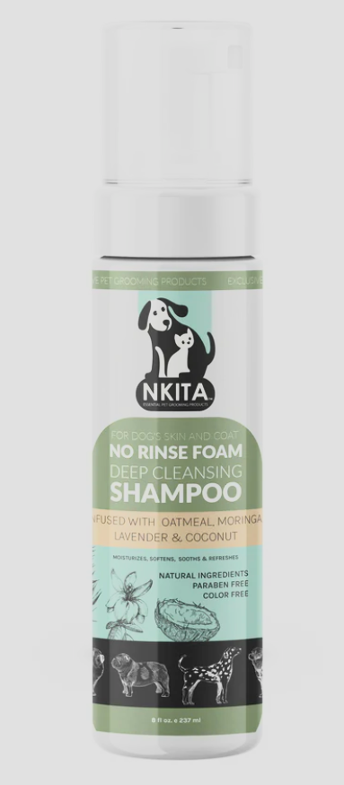 Nkita No Rinse Foam Moisturizing Shampoo is a lightweight foamy cleanser developed to clean, deodorize and moisturize. Enriched with Moringa, Coconut, Lavender Oils to condition and enhance shine. Oatmeal extract helps to calm and soothe dry itchy skin while eliminating strong odors.