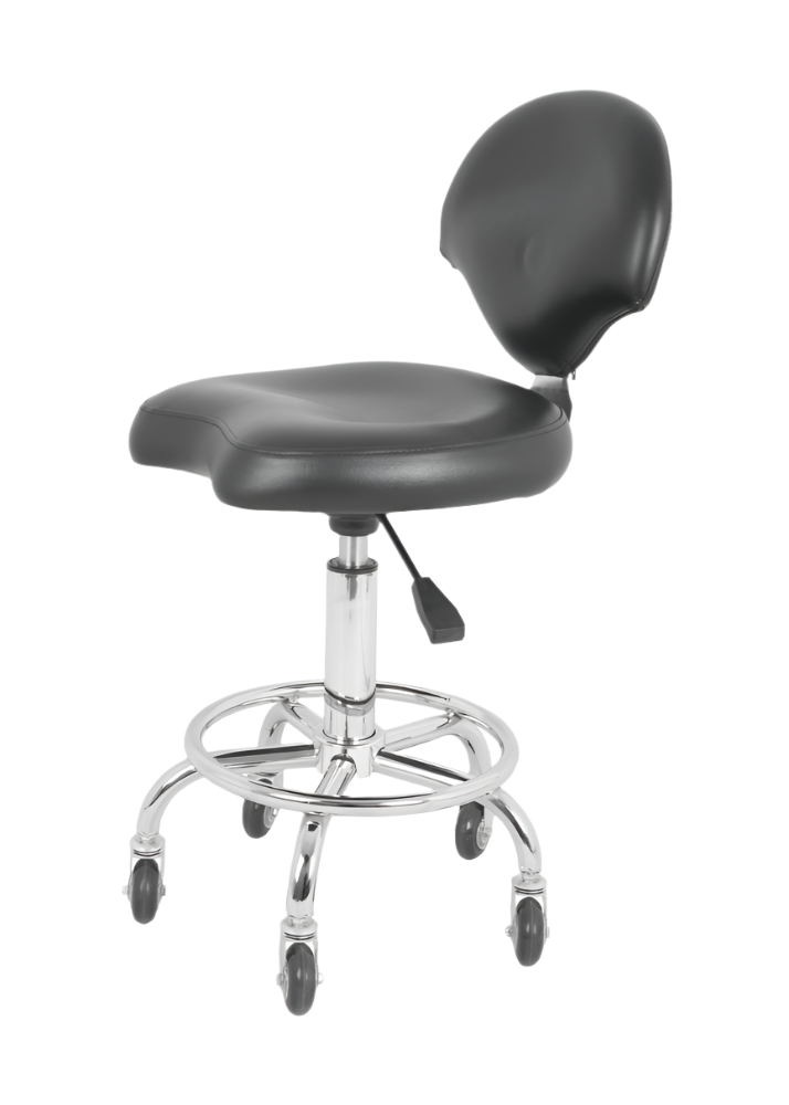 This ergonomic saddle stool with optional back rest and air lift height adjustor comes with durable anti-clog wheels. Reduce back, hip and leg stress.  The stool is constructed of a durable faux leather fabric seat, chrome plated metal base and rolling casters with foot rest. An air-lifting pump elevates the stool from 21.25＂-24.5"H. The anti-clog solid wheels allowing for easy cleaning and reduced hair maintenance while rolling more easily then most office chairs.