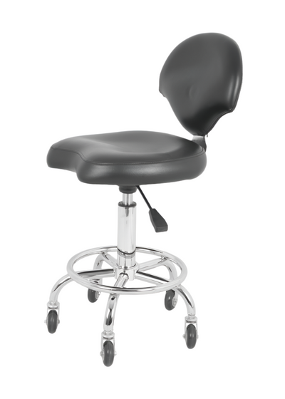 This ergonomic saddle stool with optional back rest and air lift height adjustor comes with durable anti-clog wheels. Reduce back, hip and leg stress.  The stool is constructed of a durable faux leather fabric seat, chrome plated metal base and rolling casters with foot rest. An air-lifting pump elevates the stool from 21.25＂-24.5"H. The anti-clog solid wheels allowing for easy cleaning and reduced hair maintenance while rolling more easily then most office chairs.