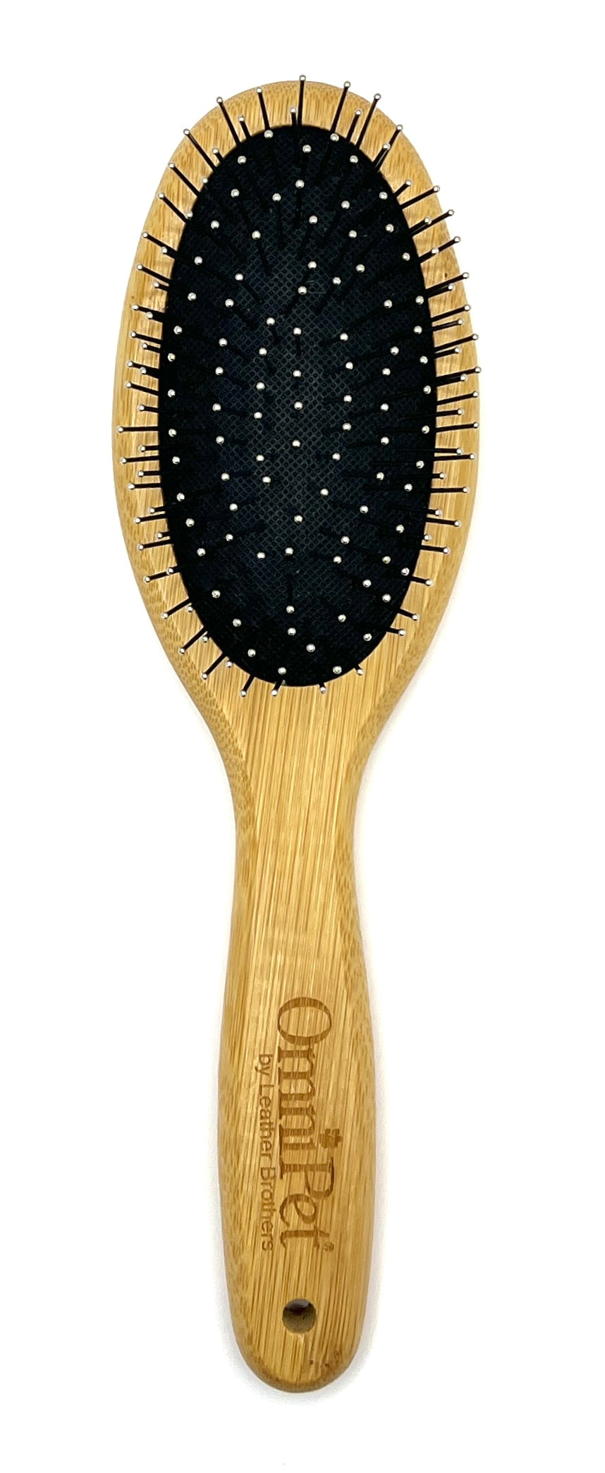 Pro-Finish™ Pin Brushes are constructed from light weight, natural bamboo that is more water resistant then wood products. The rounded metal tip pins medium spaced and prevent brush burn. These type of brushes work great for dogs with long coats or wire coats to smooth the hair, remove dirt and help with loose tangles. are easy to keep clean and stay more rigid; lift and removal dander and loose coat. Large.
