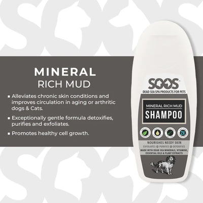 Soos™ Natural Mineral Mud Pet Shampoo uses Dead Sea minerals, vitamins, essential oils, plants, herbs, and roots, to boost immunity, detoxify, exfoliate, promote healthy cell growth, improve circulation, and aid chronic skin conditions such as acne and works well for aging or hairless dogs.
