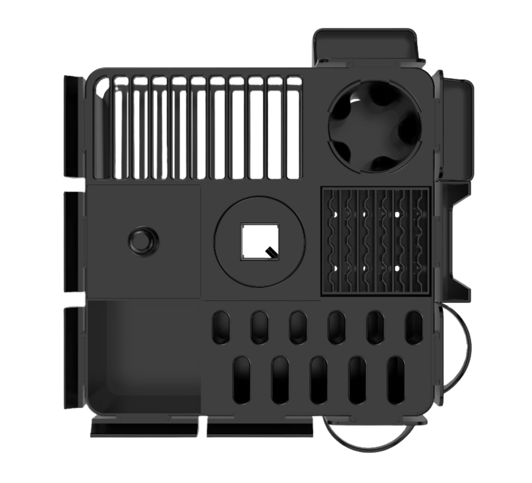 This new and improved rotating multi-functional swivel tool caddy for professional pet groomers now includes interchangeable parts allowing you to adjust it to your work style. Its light weight construction is easy to work with and install. The 10" x 10" size fits on most table arms and does not interfere with pet grooming tables that have innovative swivel arms that extend 5-6" from the actual grooming table. It's easy to install and has a smooth swivel. Top view with attachments.