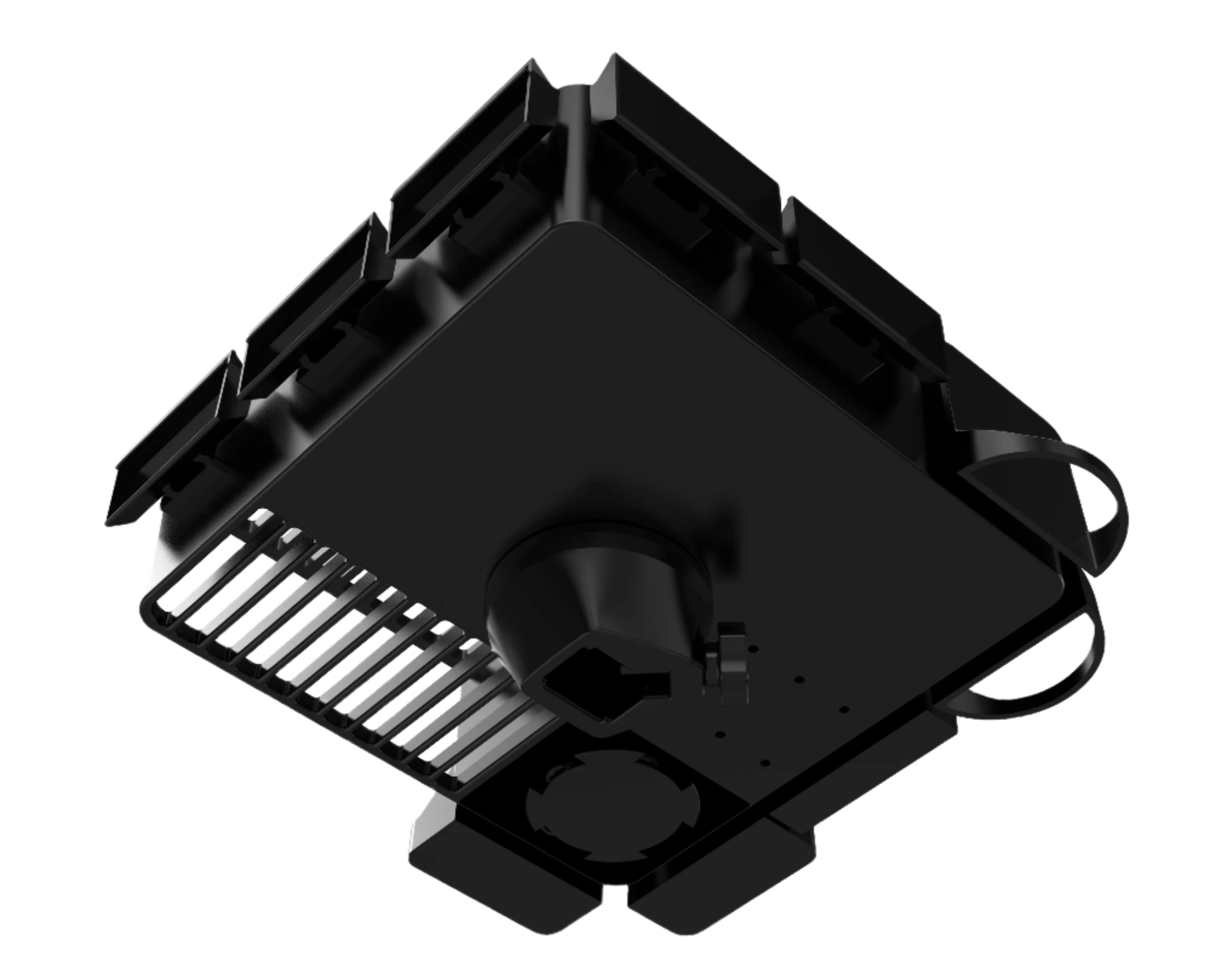This new and improved rotating multi-functional swivel tool caddy for professional pet groomers now includes interchangeable parts allowing you to adjust it to your work style. Its light weight construction is easy to work with and install. The 10" x 10" size fits on most table arms and does not interfere with pet grooming tables that have innovative swivel arms that extend 5-6" from the actual grooming table. It's easy to install and has a smooth swivel. Bottom view with base holder.
