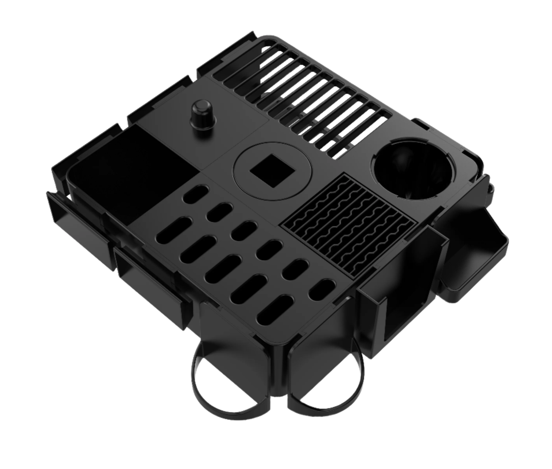 This new and improved rotating multi-functional swivel tool caddy for professional pet groomers now includes interchangeable parts allowing you to adjust it to your work style. Its light weight construction is easy to work with and install. The 10" x 10" size fits on most table arms and does not interfere with pet grooming tables that have innovative swivel arms that extend 5-6" from the actual grooming table. It's easy to install and has a smooth swivel. Organizer in Black.
