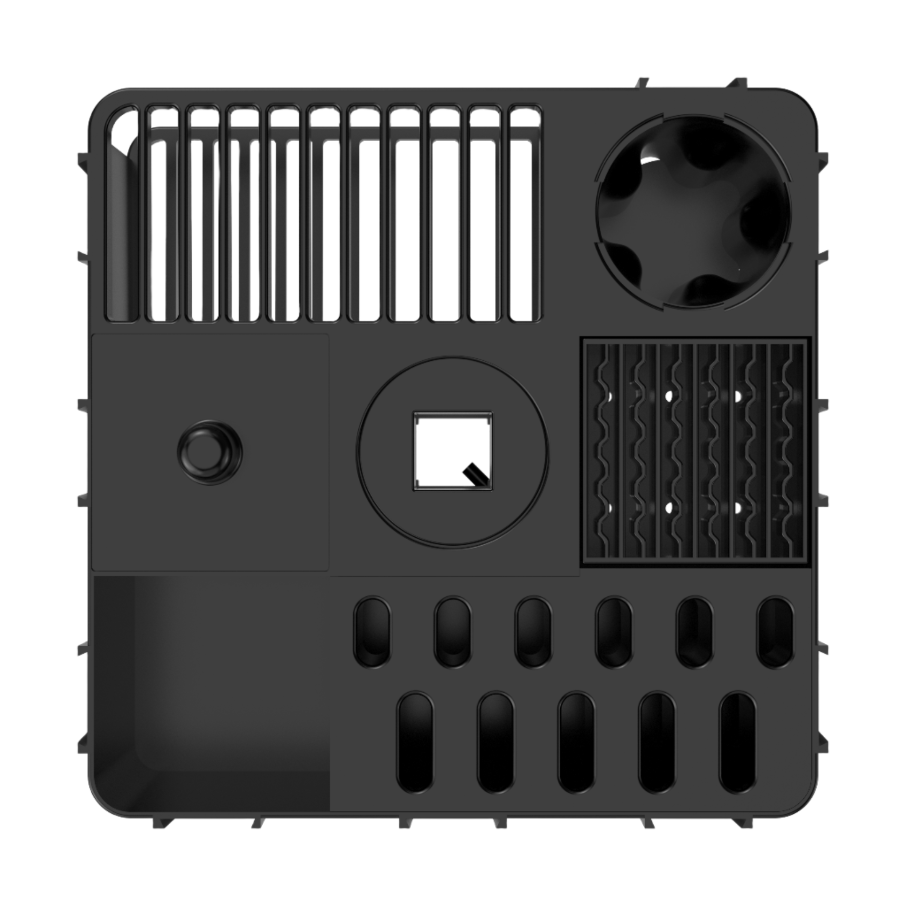 This new and improved rotating multi-functional swivel tool caddy for professional pet groomers now includes interchangeable parts allowing you to adjust it to your work style. Its light weight construction is easy to work with and install. The 10" x 10" size fits on most table arms and does not interfere with pet grooming tables that have innovative swivel arms that extend 5-6" from the actual grooming table. It's easy to install and has a smooth swivel. Top view without attachments.