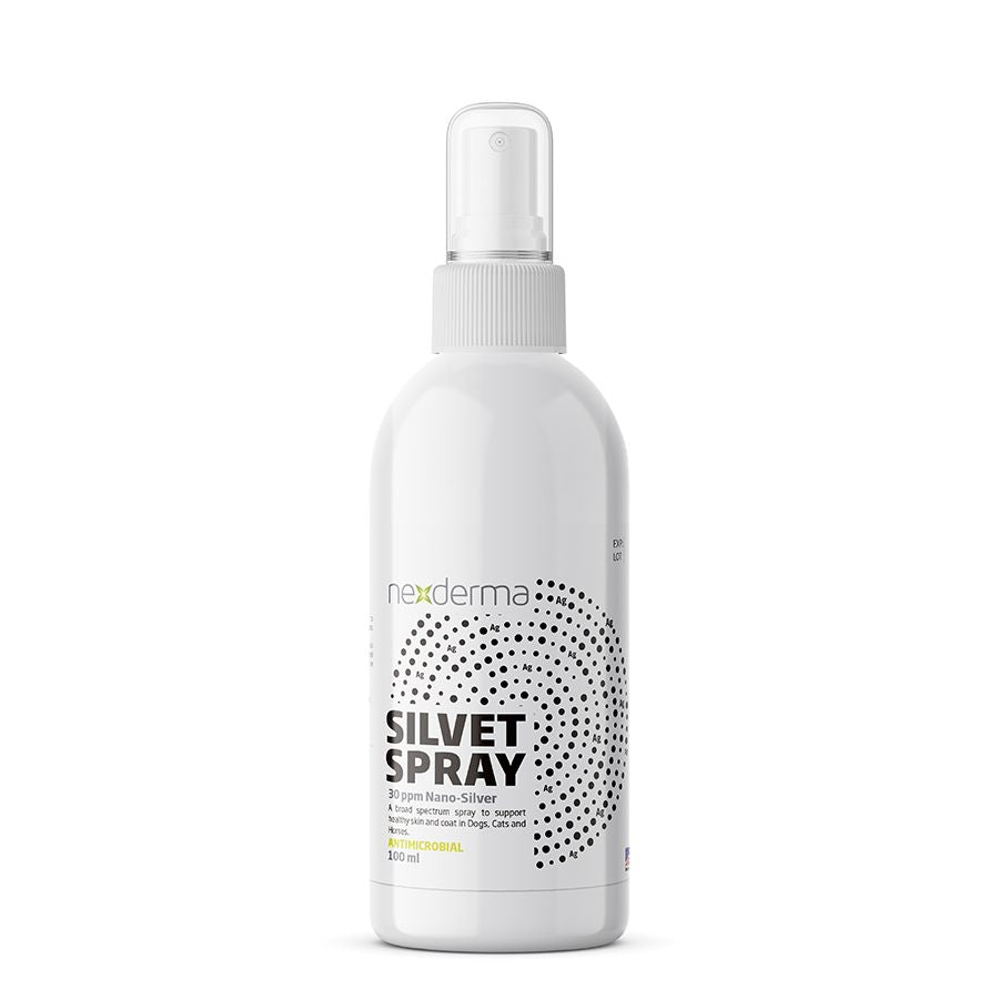 Silvet Dermatological Pet Wound Spray contains Colloidal Silver. Safe to use around the eyes and mouth, it prevents gram-positive and gram-negative bacteria, fungi, and supports wound management. It helps treat skin irritations, wounds, fungi, hot spots, burns, abscesses, sores, thrush, rain rot, and ringworm. 