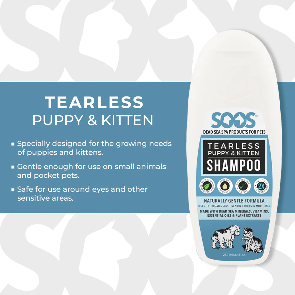 The Soos™ Tearless Puppy & Kitten Pet Shampoo cleanses skin and coat gently, without irritation. Its unique blend of Dead Sea minerals, vitamins, oats, coconut, honey, pumpkin seed oil, to nourishes skin and coat, while its pH-balanced and tearless formula keeps delicate skin healthy and hydrated.