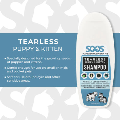 The Soos™ Tearless Puppy & Kitten Pet Shampoo cleanses skin and coat gently, without irritation. Its unique blend of Dead Sea minerals, vitamins, oats, coconut, honey, pumpkin seed oil, to nourishes skin and coat, while its pH-balanced and tearless formula keeps delicate skin healthy and hydrated.