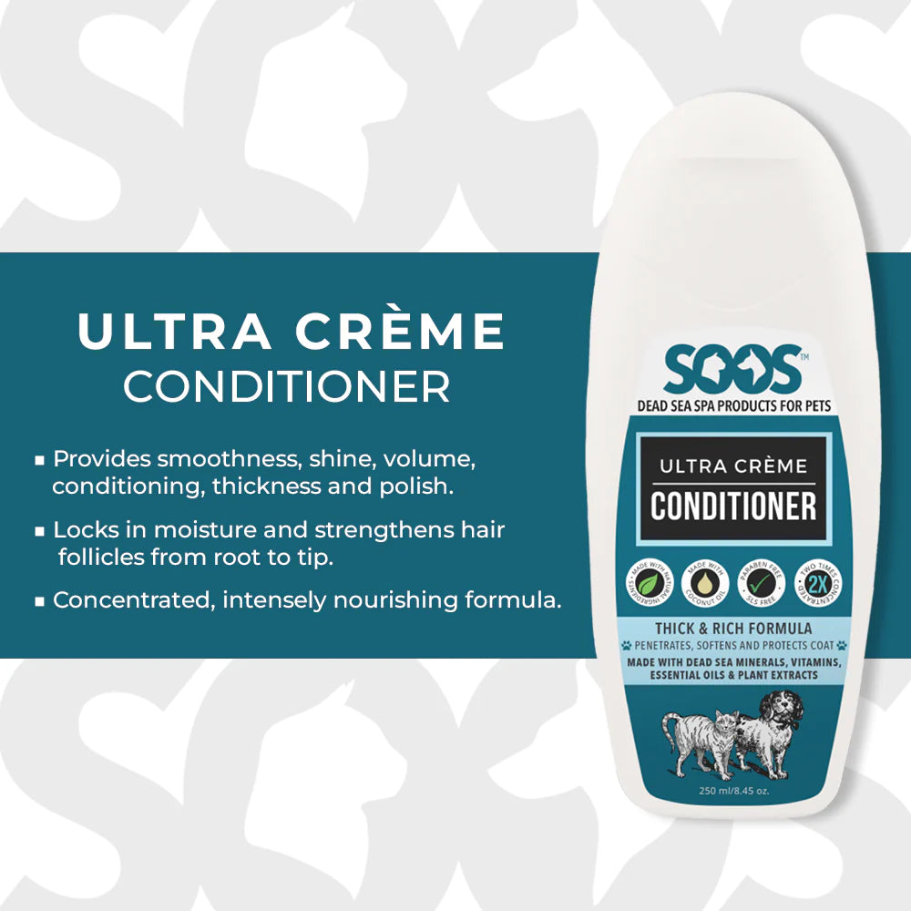 Soos™ Ultra Crème Pet Conditioner contains Dead Sea minerals, beeswax, Vitamins C and E, honey, nettle, olive oil, and celery to deeply nourish skin and coat. It provides smoothness, shine, volume, conditioning, strength, thickness, and polish for thicker, stronger, longer, shinier, and healthier coats.