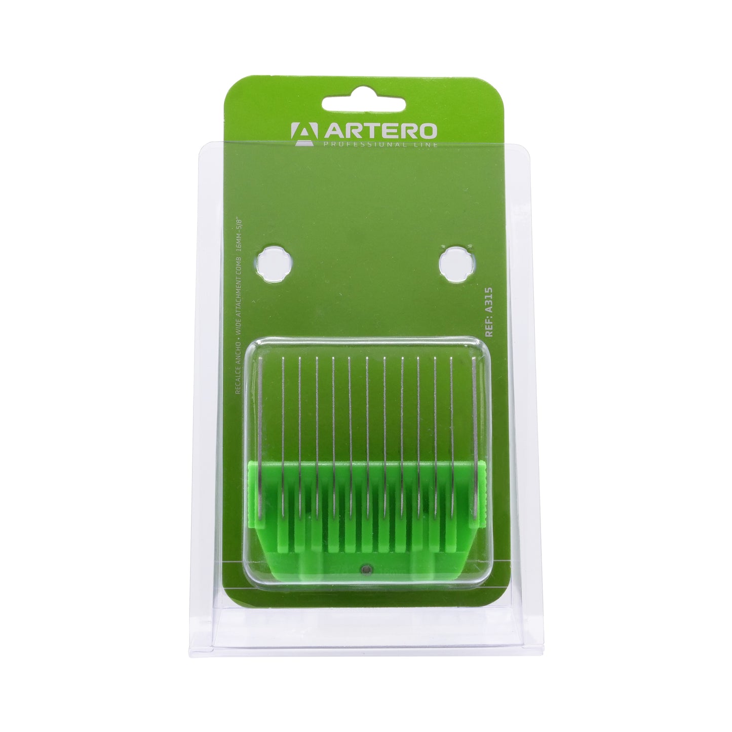 The Artero Wide Snap-On Metal Comb 16mm - 5/8" is designed for use with the Artero A5 wide clipper blade and offers a smooth, even finish. This comb is also compatible with Andis, Moser, Heiniger, Oster, and Aesculap Fav5 and Fav5 CL blades. Features: Cutting height: 5/8" Metal Construction Fits A5 Clippers.