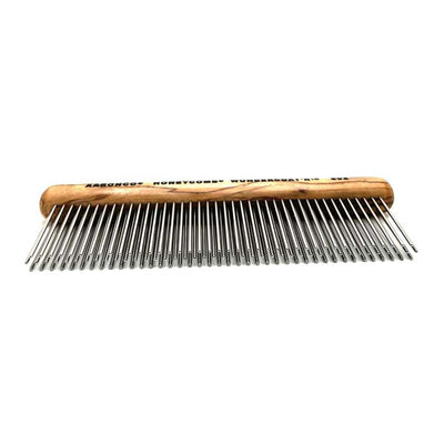 The Aaronco®  Wundercoat'R™ Grooming Comb was developed by industry leader Sam Kohl, This revolutionary 7" design has 3 rows of 1.75” tines created to remove dense undercoat, and reduce excess topcoat. Its ergonomic wooden handle reduces wrist and hand strain, while its tines offer increased coat removal compared to brushing alone, without resulting in damage to the fur or skin.