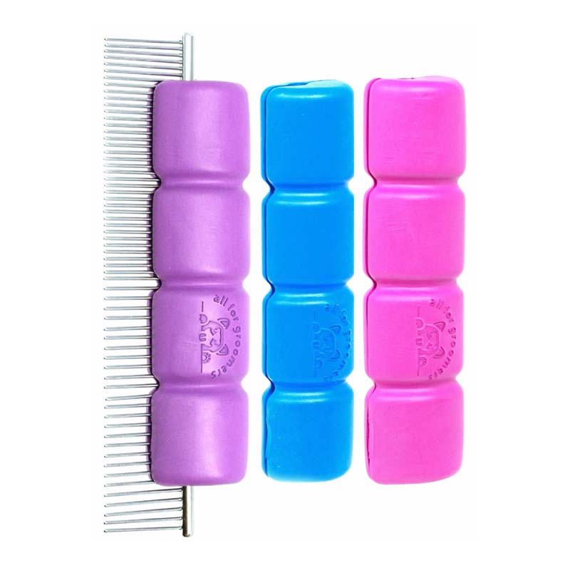 The Hand Saver® is the ultimate, light weight ergonomic professional pet grooming comb handle. Created using soft, cushiony TPU that allows the hand to grip, this comb handle slides onto most straight and curved combs and quickly peels off to use again. The notches serve as a guide and to help grip All Colors