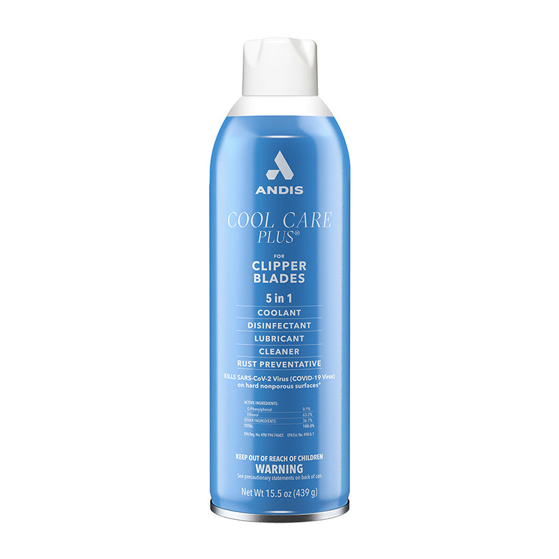 The Andis Cool Care Plus is an advanced 5-in-1 blade aerosol treatment that serves as a blade coolant, disinfectant, lubricant, cleaner and rust pre-treatment to help clean and maintain grooming tools without extra steps providing advanced hygiene and extending the longevity of equipment. With a few quick sprays between each styling session, obliterated germs and boost the life of your blades with a high-pressure, contoured nozzle that will blast stray hairs out of the blade teeth for a spotless finish.