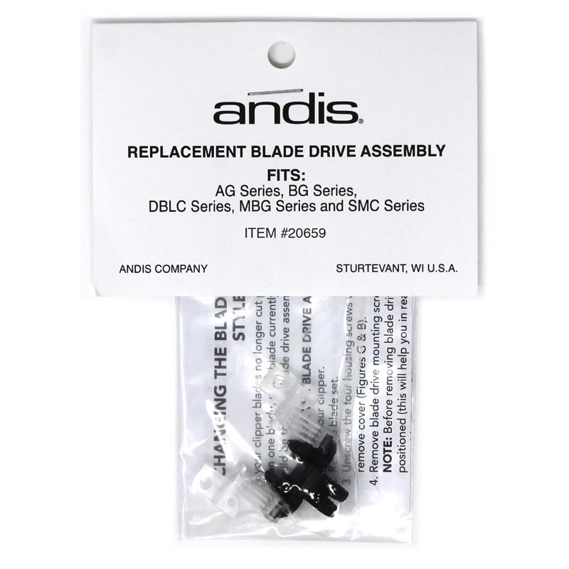 The Andis Replacement Blade Drive Assembly contains the complete assembly parts used for models AG, BDC, BG, DBLC, MBG, SMC, RDLC. Blade drives are wearable parts for Andis clippers that should be replaced on a regular basis. It is recommended that blade drive be replaced every 30 to 60 days depending on grooming volume. package view.