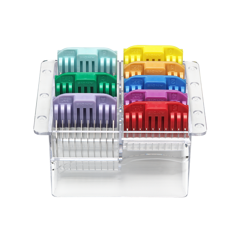 Andis 8-Piece Adjustable Blade Comb Set was created for 5-in-1 clipper models CTA-1 and LCL-2 like the Vida and Pulse Li-5 allowing you to continue to create clean, consistent finishes with lighter equipment. This stainless steel, color-coded 8-piece set includes sizes 1/8" to 1" and fits for smooth, reliable results on all coat types. Steel combs cut through coat more smoothly then all plastic providing greater precision. In case. Lid included.