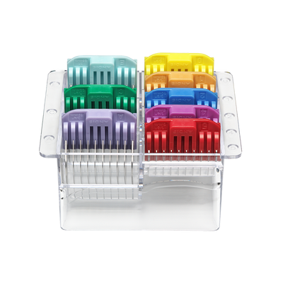 Andis 8-Piece Adjustable Blade Comb Set was created for 5-in-1 clipper models CTA-1 and LCL-2 like the Vida and Pulse Li-5 allowing you to continue to create clean, consistent finishes with lighter equipment. This stainless steel, color-coded 8-piece set includes sizes 1/8" to 1" and fits for smooth, reliable results on all coat types. Steel combs cut through coat more smoothly then all plastic providing greater precision. In case. Lid included.