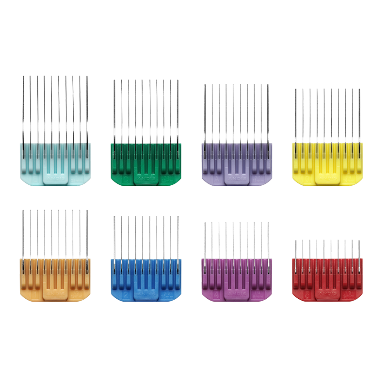 Andis 8-Piece Adjustable Blade Comb Set was created for 5-in-1 clipper models CTA-1 and LCL-2 like the Vida and Pulse Li-5 allowing you to continue to create clean, consistent finishes with lighter equipment. This stainless steel, color-coded 8-piece set includes sizes 1/8" to 1" and fits for smooth, reliable results on all coat types. Steel combs cut through coat more smoothly then all plastic providing greater precision.