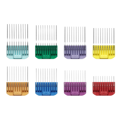 Andis 8-Piece Adjustable Blade Comb Set was created for 5-in-1 clipper models CTA-1 and LCL-2 like the Vida and Pulse Li-5 allowing you to continue to create clean, consistent finishes with lighter equipment. This stainless steel, color-coded 8-piece set includes sizes 1/8" to 1" and fits for smooth, reliable results on all coat types. Steel combs cut through coat more smoothly then all plastic providing greater precision.