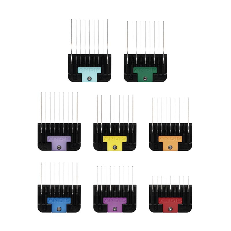 Stay organized and create clean, consistent finishes with Andis Universal Stainless Steel Combs 8-Piece Set. This stainless steel, spring loaded, color-coded 8-piece set includes sizes 1/8" to 1" and fits CeramicEdge® and UltraEdge® Blades (#10 and #30) for smooth, reliable results on all coat types. Steel tooth combs cut through coat more smoothly then all plastic providing greater precision.