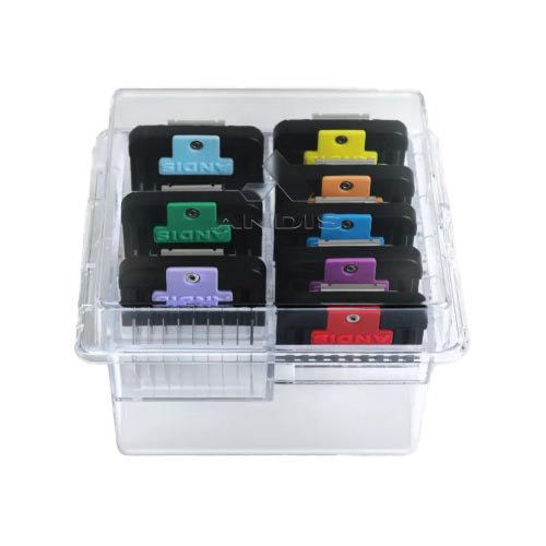 Stay organized and create clean, consistent finishes with Andis Universal Stainless Steel Combs 8-Piece Set. This stainless steel, spring loaded, color-coded 8-piece set includes sizes 1/8" to 1" and fits CeramicEdge® and UltraEdge® Blades (#10 and #30) for smooth, reliable results on all coat types. Steel tooth combs cut through coat more smoothly then all plastic providing greater precision. In storage case with lid.