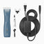 The new Andis eMERGE™ professional pet clipper in blue was designed for groomers who need and want high speed and power. This single-speed clipper will cut through any coat. The powerful rotary motor achieves 4500 SPM and works with a detachable blade system with wide compatibility make maintenance a breeze. The cord/cordless flexibility and shape with a contoured body and finger grooves helps increase control and reduce hand strain. Package contents.