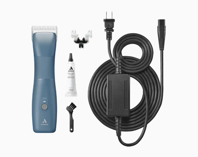 The new Andis eMERGE™ professional pet clipper in blue was designed for groomers who need and want high speed and power. This single-speed clipper will cut through any coat. The powerful rotary motor achieves 4500 SPM and works with a detachable blade system with wide compatibility make maintenance a breeze. The cord/cordless flexibility and shape with a contoured body and finger grooves helps increase control and reduce hand strain. Package contents.