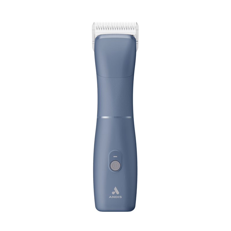The new Andis eMERGE™ professional pet clipper in blue was designed for groomers who need and want high speed and power. This single-speed clipper will cut through any coat. The powerful rotary motor achieves 4500 SPM and works with a detachable blade system with wide compatibility make maintenance a breeze. The cord/cordless flexibility and shape with a contoured body and finger grooves helps increase control and reduce hand strain. Top view.
