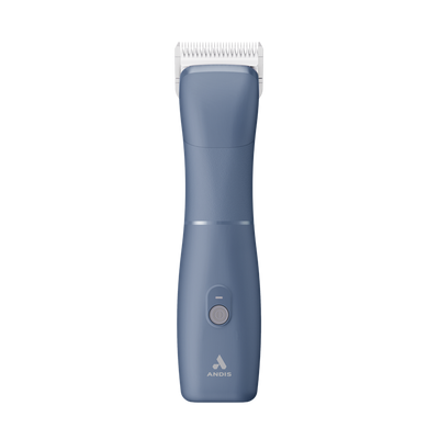 The new Andis eMERGE™ professional pet clipper in blue was designed for groomers who need and want high speed and power. This single-speed clipper will cut through any coat. The powerful rotary motor achieves 4500 SPM and works with a detachable blade system with wide compatibility make maintenance a breeze. The cord/cordless flexibility and shape with a contoured body and finger grooves helps increase control and reduce hand strain. Top view.