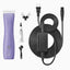 The new Andis eMERGE™ professional pet clipper in light purple was designed for groomers who need and want high speed and power. This single-speed clipper will cut through any coat. The powerful rotary motor achieves 4500 SPM and works with a detachable blade system with wide compatibility make maintenance a breeze. The cord/cordless flexibility and shape with a contoured body and finger grooves helps increase control and reduce hand strain. Package contents.