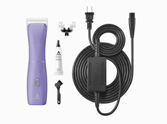 The new Andis eMERGE™ professional pet clipper in light purple was designed for groomers who need and want high speed and power. This single-speed clipper will cut through any coat. The powerful rotary motor achieves 4500 SPM and works with a detachable blade system with wide compatibility make maintenance a breeze. The cord/cordless flexibility and shape with a contoured body and finger grooves helps increase control and reduce hand strain. Package contents.