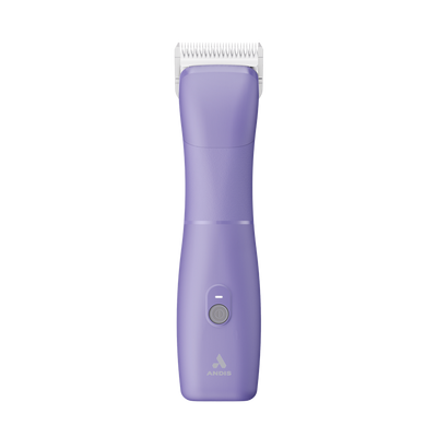 The new Andis eMERGE™ professional pet clipper in light purple was designed for groomers who need and want high speed and power. This single-speed clipper will cut through any coat. The powerful rotary motor achieves 4500 SPM and works with a detachable blade system with wide compatibility make maintenance a breeze. The cord/cordless flexibility and shape with a contoured body and finger grooves helps increase control and reduce hand strain. Top view.