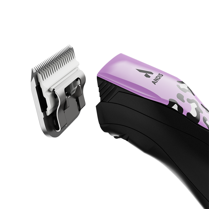 The Andis Gabriel Feitosa inspired limited addition, Pulse ZR II colorway Wild, cordless professional pet clipper now deliver up to 3 hours of run time on a single charge and works with swappable, rechargeable batteries so there is not a halt in styling. The Pulse ZR II has a powerful rotary motor with 5 speeds that achieve 2,500-2,400 spm and includes the detachable blade system and wide compatibility make maintenance a breeze. Side view.