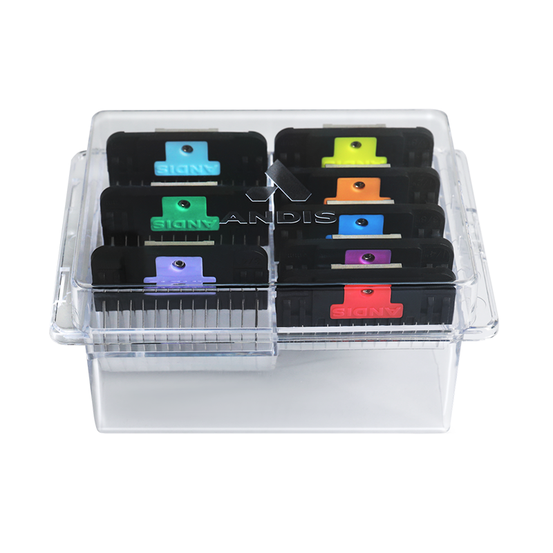 Achieve clean, consistent finishes with Andis Wide Blade Attachment Combs. This stainless steel, color-coded 8-piece set includes sizes 1/8" to 1" and fits CeramicEdge® and M-Force® Wide Blades (#10, #30, T-84, T-10) for smooth, reliable results on all coat types. Steel combs cut through coat more smoothly then all plastic providing greater precision. In Case. Lid Included.