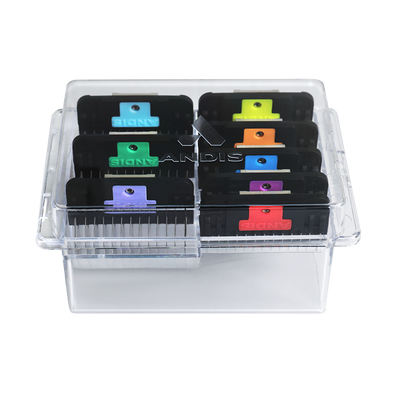Achieve clean, consistent finishes with Andis Wide Blade Attachment Combs. This stainless steel, color-coded 8-piece set includes sizes 1/8" to 1" and fits CeramicEdge® and M-Force® Wide Blades (#10, #30, T-84, T-10) for smooth, reliable results on all coat types. Steel combs cut through coat more smoothly then all plastic providing greater precision. In Case. Lid Included.
