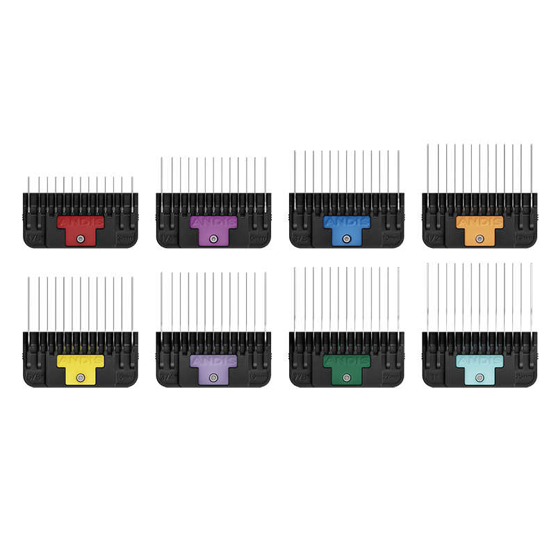 Achieve clean, consistent finishes with Andis Wide Blade Attachment Combs. This stainless steel, color-coded 8-piece set includes sizes 1/8" to 1" and fits CeramicEdge® and M-Force® Wide Blades (#10, #30, T-84, T-10) for smooth, reliable results on all coat types. Steel combs cut through coat more smoothly then all plastic providing greater precision.