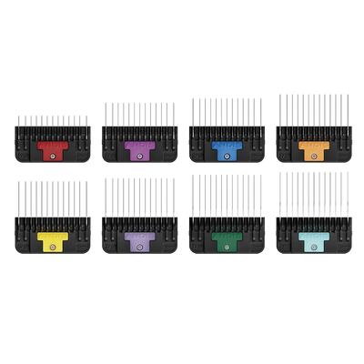 Achieve clean, consistent finishes with Andis Wide Blade Attachment Combs. This stainless steel, color-coded 8-piece set includes sizes 1/8" to 1" and fits CeramicEdge® and M-Force® Wide Blades (#10, #30, T-84, T-10) for smooth, reliable results on all coat types. Steel combs cut through coat more smoothly then all plastic providing greater precision.